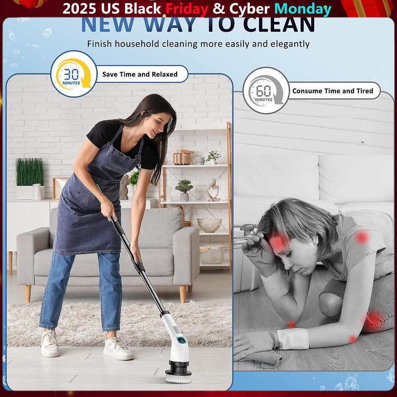 Electric Spin Scrubber 2025 Upgraded 2 Speed Modes IPX7 Waterproof,Cordless Elecreic Scrubber with 7 Brush Heads USB-C Fast Charging Long Handle Spin Brush Cleaner,Gifs,Tiktokshopblackfriday