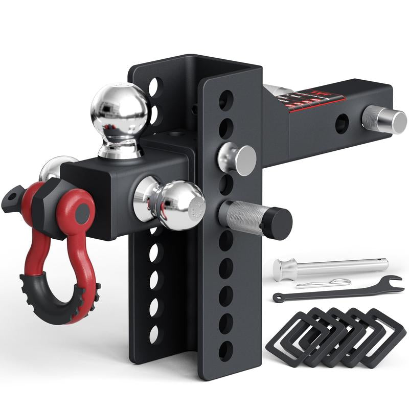 (Live Exclusive)Tyt Adjustable Trailer Hitch Ball Mount with Lock&Pin&Rotatable Tow Shackle, Fits 2-In Receiver, 5" Rise/Drop, 2-In, 2-5/16-In Hitch Ball, 10000LBS GTW, Ultra Quiet