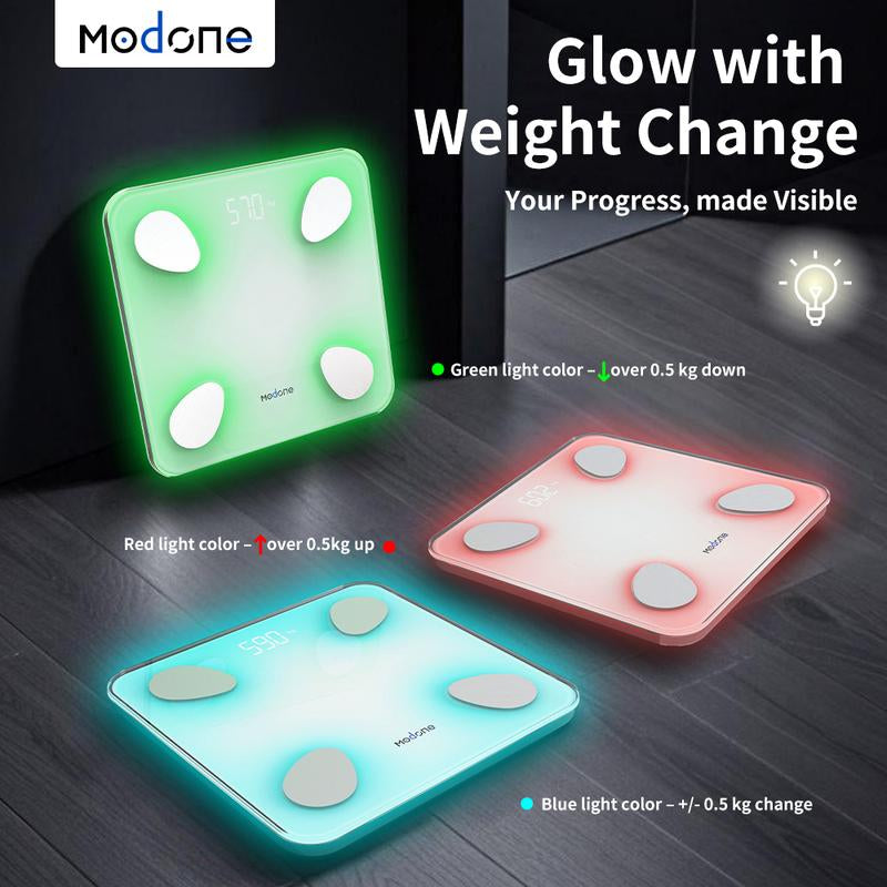 MODONE Smart Scale for Body Weight, Digital Bathroom Scale for BMI, Bone Mass and Body Fat, 7-Color Glowing Remote Display, Body Composition Monitor with Smartphone App Connection, Body Indicator Improvement Suggestion