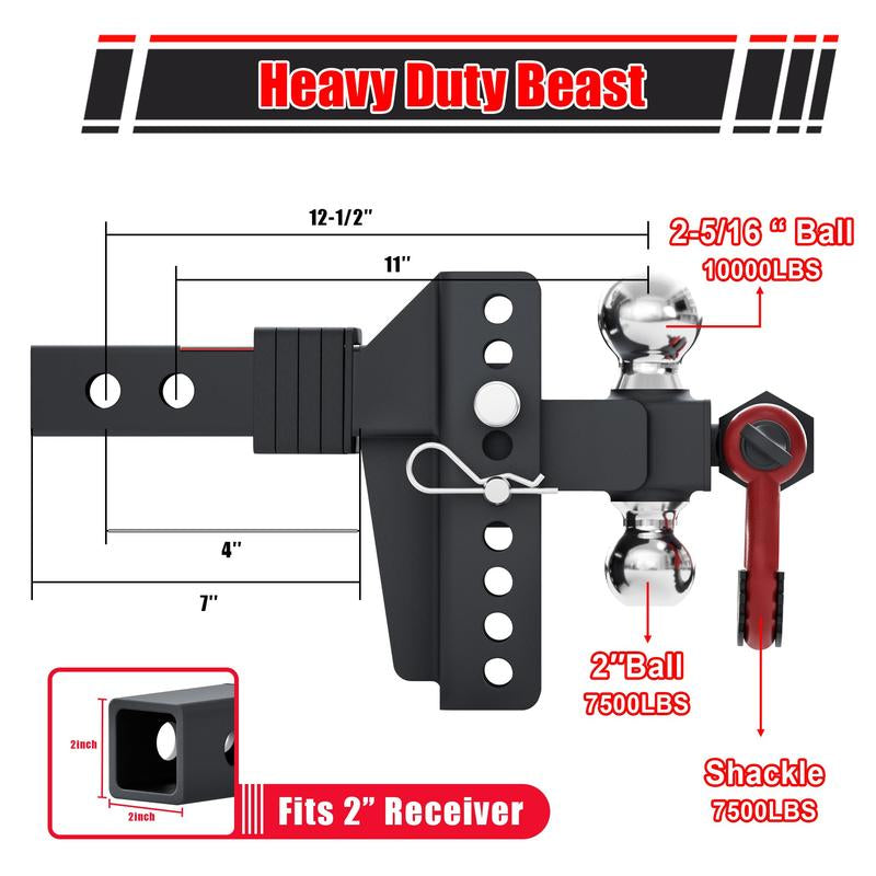 (Live Exclusive)Tyt Adjustable Trailer Hitch Ball Mount with Lock&Pin&Rotatable Tow Shackle, Fits 2-In Receiver, 5" Rise/Drop, 2-In, 2-5/16-In Hitch Ball, 10000LBS GTW, Ultra Quiet