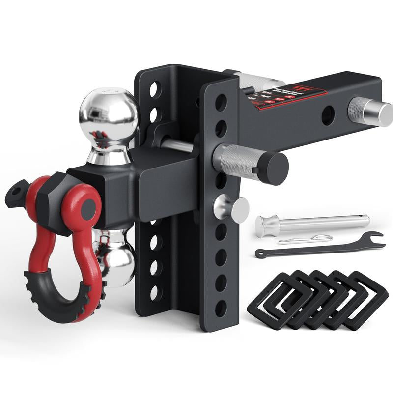 (Live Exclusive)Tyt Adjustable Trailer Hitch Ball Mount with Lock&Pin&Rotatable Tow Shackle, Fits 2-In Receiver, 5" Rise/Drop, 2-In, 2-5/16-In Hitch Ball, 10000LBS GTW, Ultra Quiet