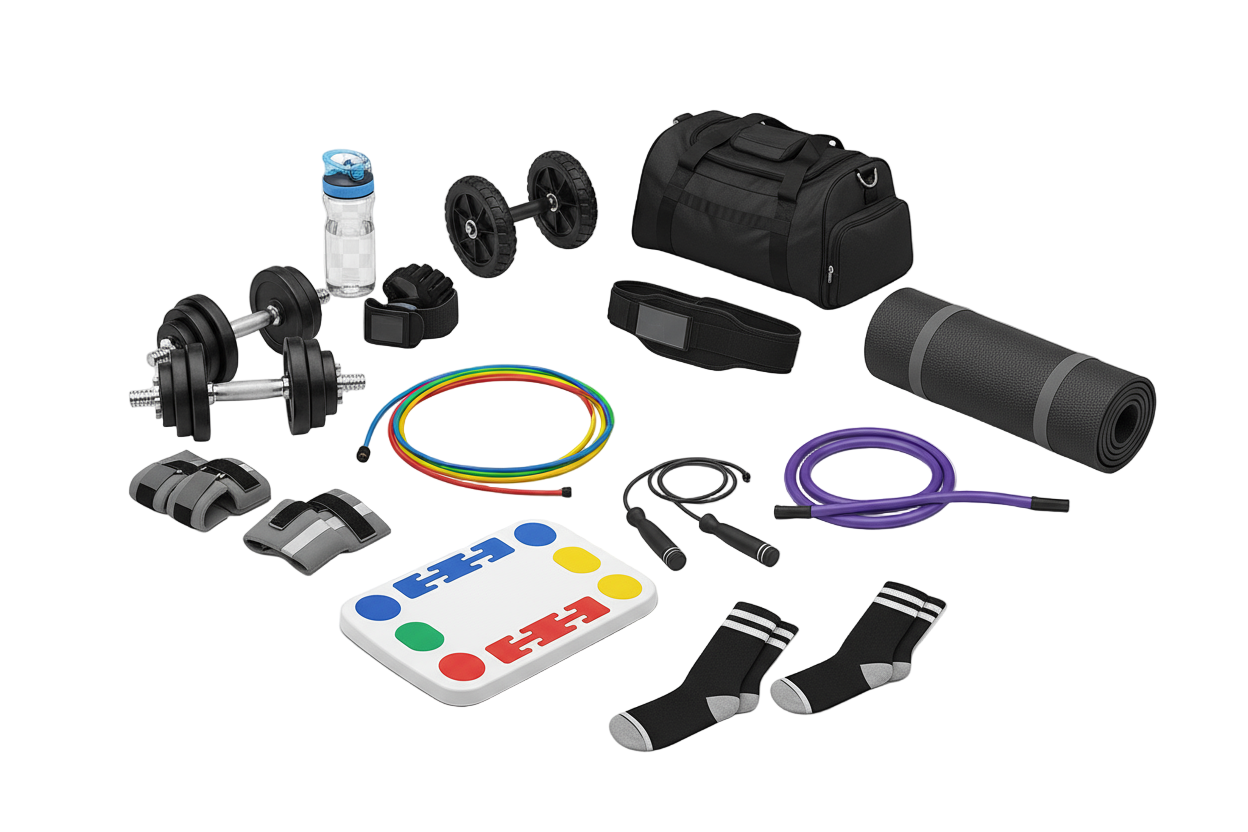 create a png image with no back ground put sports and fitness items Resistance bands set

Yoga mat

Pull-up resistance bands

Adjustable dumbbells

Ankle/wrist weights

Push-up board

Jump rope (digital counter wala bhi)

Ab roller wheel
Gym gloves

Gym water bottle

Arm band for phone

Sweat belt / waist trainer

Gym bag

Knee support / elbow support

Wrist straps

Compression socks