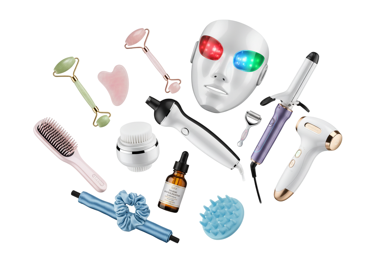 create a png image with no background put health and beauty items like
Face roller (jade / quartz)

Gua Sha stone

Electric facial cleanser brush

Blackhead remover vacuum

LED therapy facial mask

Micro-needle derma roller
Automatic hair curler

Ionic hair straightener brush

Hair growth oil

Heatless curling rod

Scalp massager

Hair removal laser device (IPL)