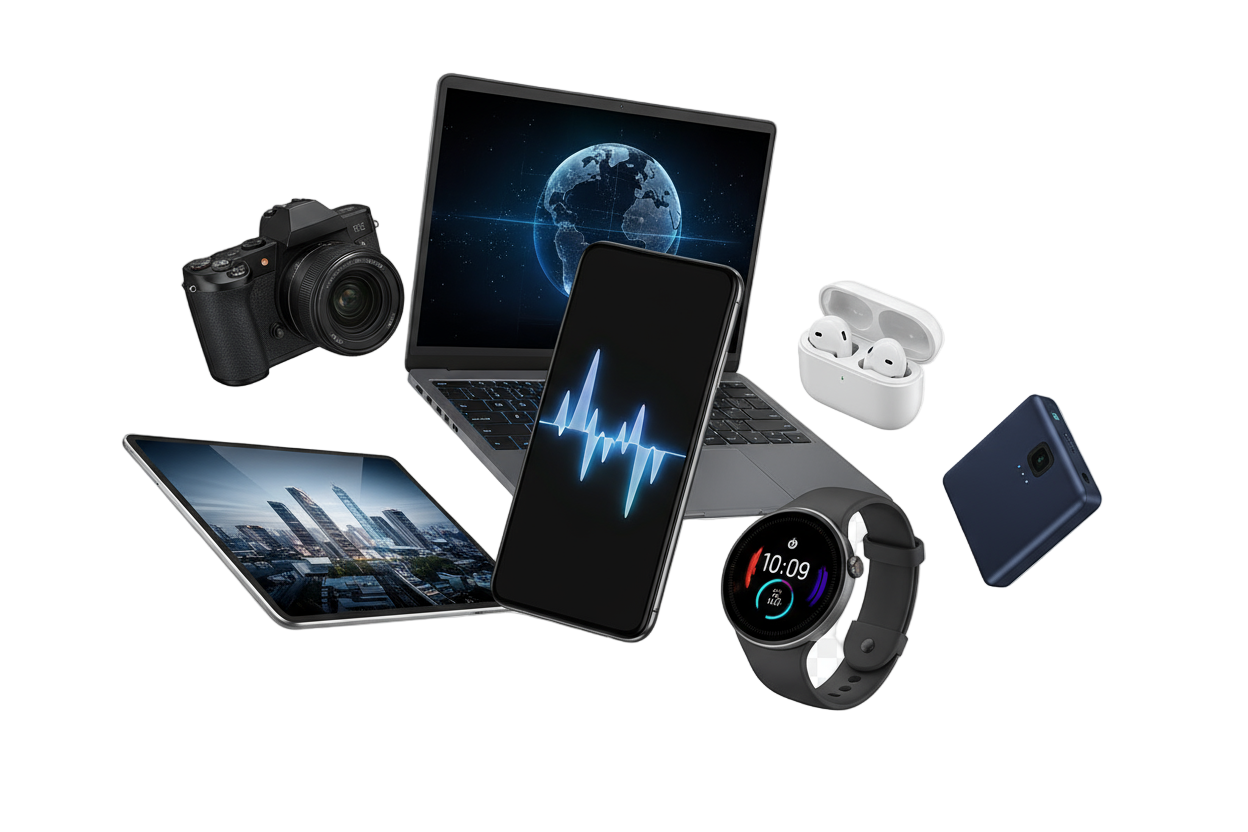 create image with png with no background put items electronics and  gadgets