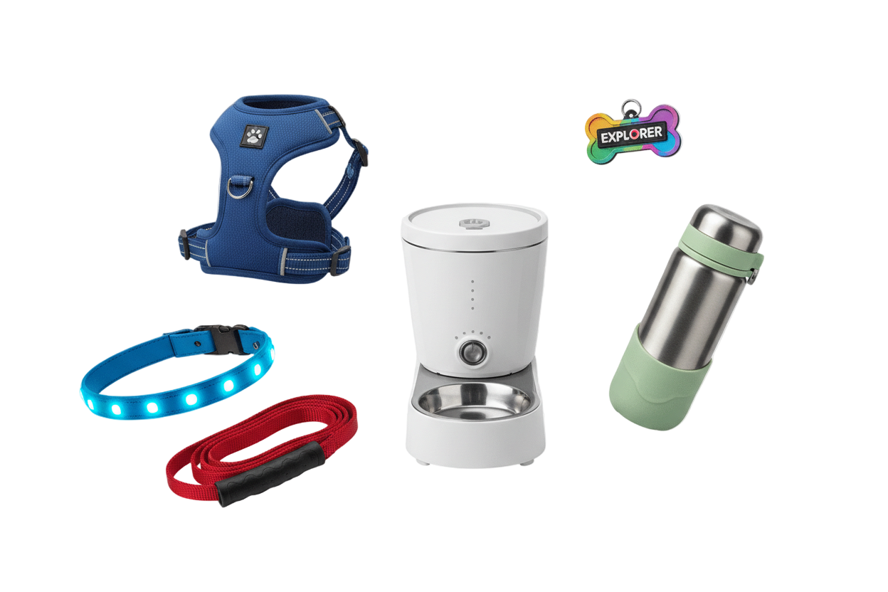 Create png image with no background put items like  Collars (LED collars, reflective collars)

Harness

Leashes

Pet ID tag

Pet bandana

Pet clothing / jackets
Pet grooming brush

Deshedding comb

Nail trimmer

Pet shampoo dispenser brush

Ear cleaning tool

Pet wipes
Anti-spill water bowl

Automatic pet feeder

Pet water bottle (portable)

Slow-feeding bowl

Food storage containe
just put 5 to 6 main items good items