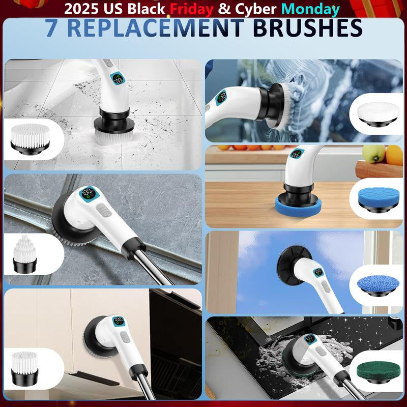Electric Spin Scrubber 2025 Upgraded 2 Speed Modes IPX7 Waterproof,Cordless Elecreic Scrubber with 7 Brush Heads USB-C Fast Charging Long Handle Spin Brush Cleaner,Gifs,Tiktokshopblackfriday