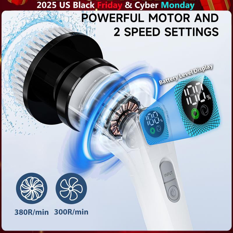 Electric Spin Scrubber 2025 Upgraded 2 Speed Modes IPX7 Waterproof,Cordless Elecreic Scrubber with 7 Brush Heads USB-C Fast Charging Long Handle Spin Brush Cleaner,Gifs,Tiktokshopblackfriday