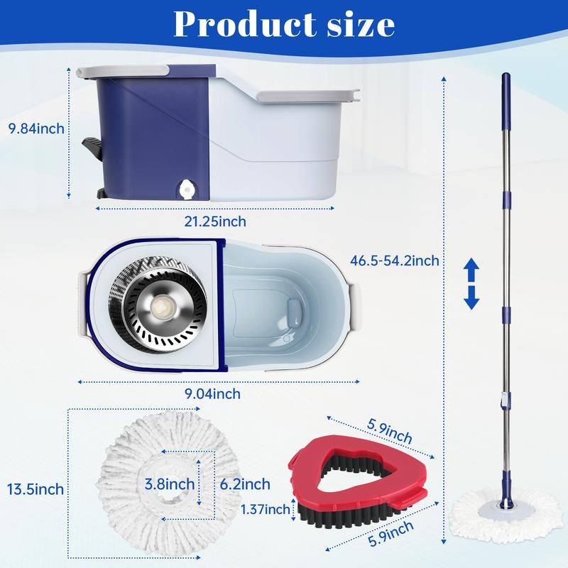 Microfiber Spin Mop and Bucket Set Spin Mop Bucket System with Microfiber Mop Replacement Heads Adjustable Handle and 1 Brush Head for Floor Cleaning
