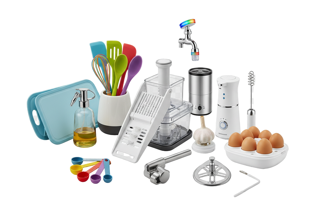 put home and kitchen items like Vegetable chopper / slicer

Garlic press / grinder

Oil spray bottle

Foldable cutting board

Measuring spoon sets

Silicone cooking utensils

Automatic stirrer / mixer

Automatic soap dispenser

Smart LED faucet light

Electric grinding machine

Mini portable blender

Egg boiler

Milk frother